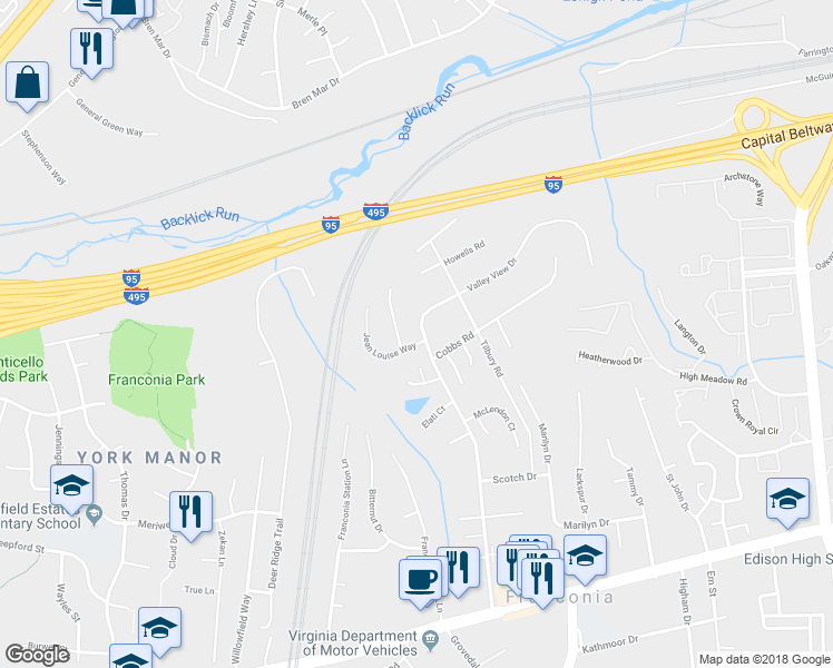 map of restaurants, bars, coffee shops, grocery stores, and more near 6220 Jean Louise Way in Alexandria