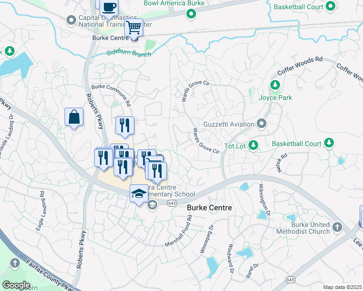 map of restaurants, bars, coffee shops, grocery stores, and more near 10238 Sassafras Woods Court in Burke