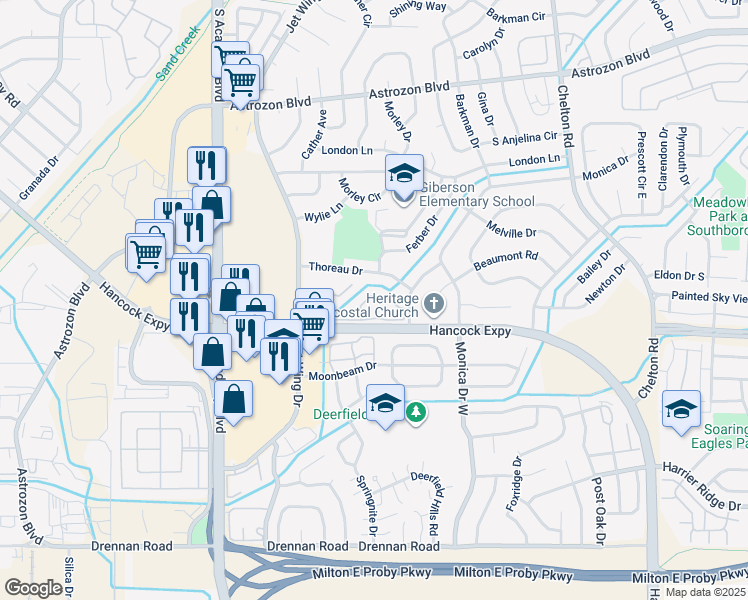 map of restaurants, bars, coffee shops, grocery stores, and more near 4137 Charleston Drive in Colorado Springs