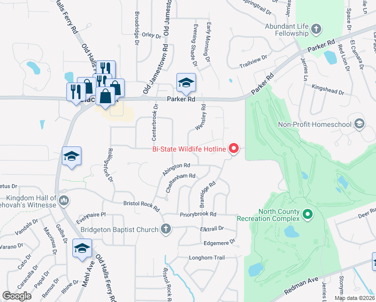 map of restaurants, bars, coffee shops, grocery stores, and more near 12114 Wensley Road in Florissant