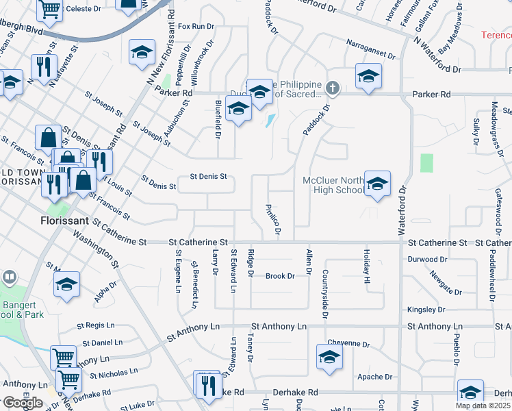 map of restaurants, bars, coffee shops, grocery stores, and more near 700 Jamaica Place in Florissant