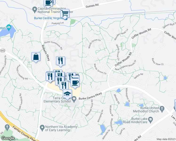 map of restaurants, bars, coffee shops, grocery stores, and more near 10238 Sassafras Woods Court in Burke