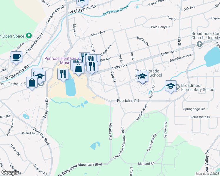 map of restaurants, bars, coffee shops, grocery stores, and more near 8 Broadmoor Avenue in Colorado Springs