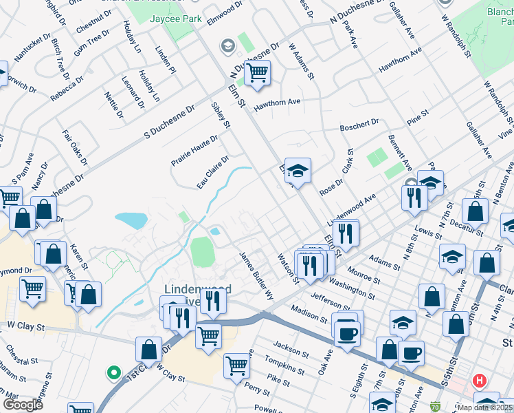 map of restaurants, bars, coffee shops, grocery stores, and more near 131 Gamble Street in Saint Charles