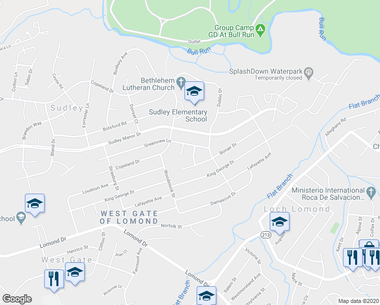 map of restaurants, bars, coffee shops, grocery stores, and more near 7652 Wesley Rd in Manassas