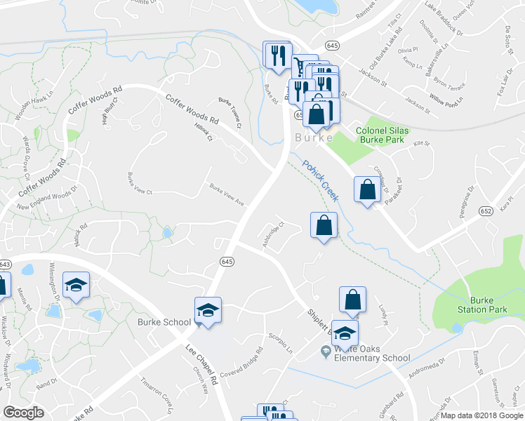 map of restaurants, bars, coffee shops, grocery stores, and more near 9537 Burke Lake Road in Burke
