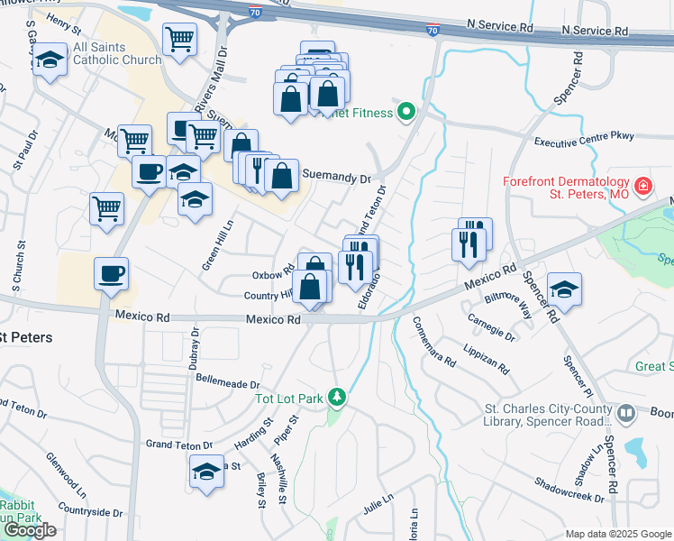 map of restaurants, bars, coffee shops, grocery stores, and more near 2 Country Hill Road in St. Peters