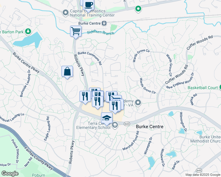 map of restaurants, bars, coffee shops, grocery stores, and more near 6004 Scarborough Commons Lane in Burke