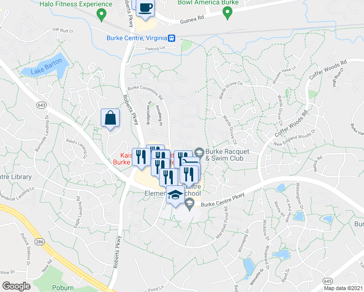 map of restaurants, bars, coffee shops, grocery stores, and more near 6004 Scarborough Commons Lane in Burke