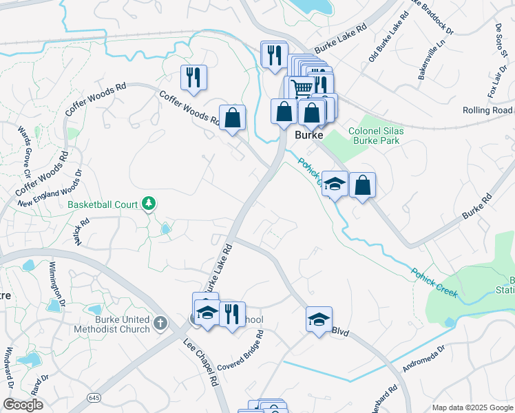 map of restaurants, bars, coffee shops, grocery stores, and more near 9559 Katelyn Zinn Place in Burke
