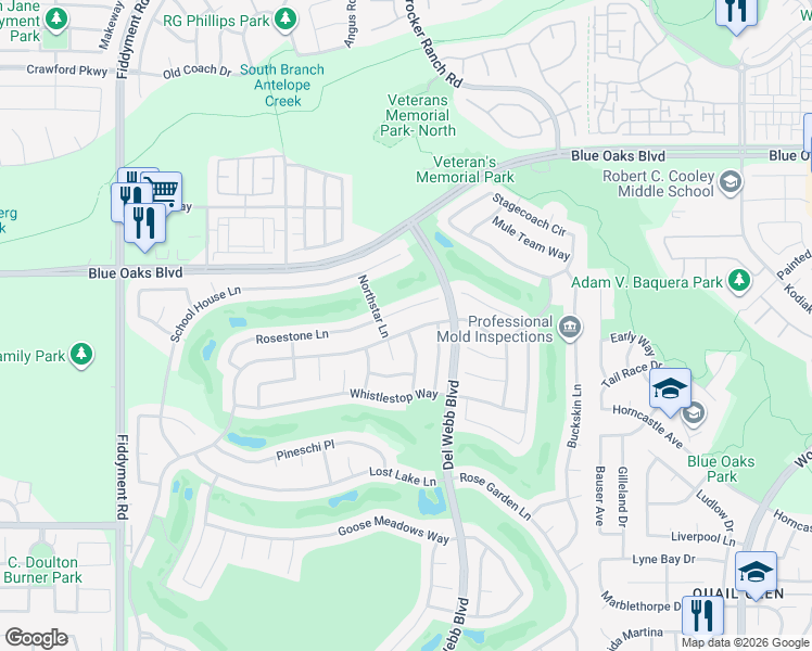 map of restaurants, bars, coffee shops, grocery stores, and more near 7829 Timberrose Way in Roseville