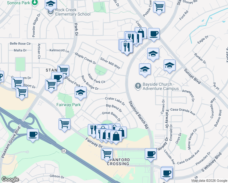 map of restaurants, bars, coffee shops, grocery stores, and more near 317 Wood Falls Court in Roseville