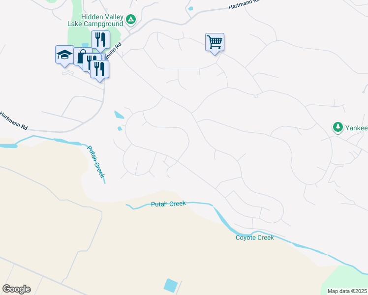 map of restaurants, bars, coffee shops, grocery stores, and more near 19605 Old Creek Road in Hidden Valley Lake