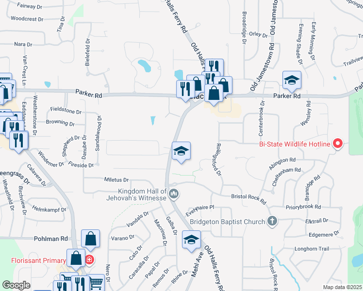 map of restaurants, bars, coffee shops, grocery stores, and more near 12150 Old Halls Ferry Road in Florissant