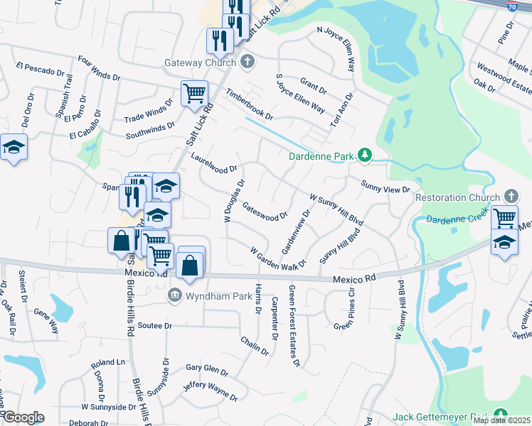 map of restaurants, bars, coffee shops, grocery stores, and more near 34 Gateswood Drive in St. Peters