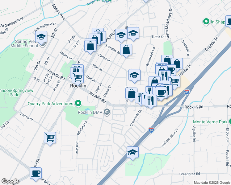 map of restaurants, bars, coffee shops, grocery stores, and more near 4114 Oak Court in Rocklin