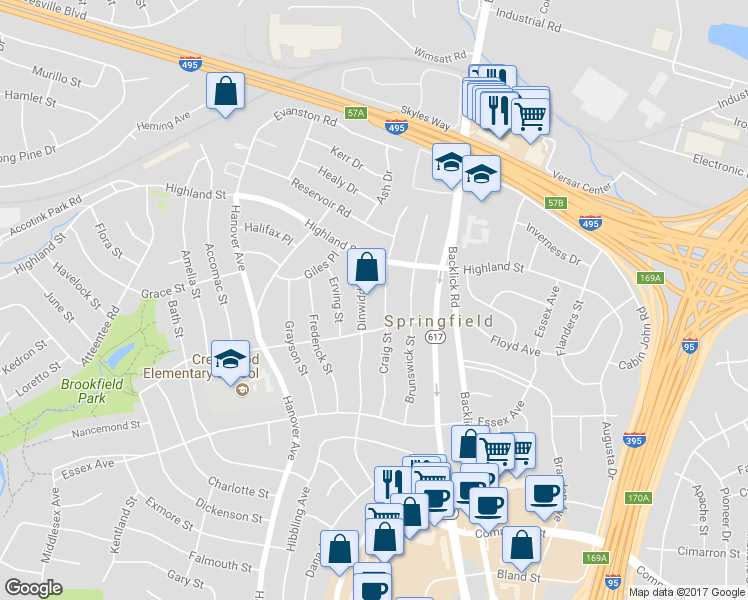 map of restaurants, bars, coffee shops, grocery stores, and more near in Springfield