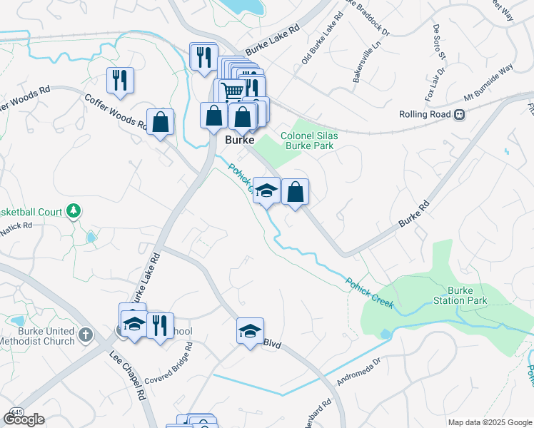 map of restaurants, bars, coffee shops, grocery stores, and more near in Burke