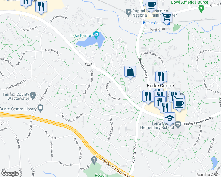 map of restaurants, bars, coffee shops, grocery stores, and more near 10527 Reed's Landing Circle in Burke
