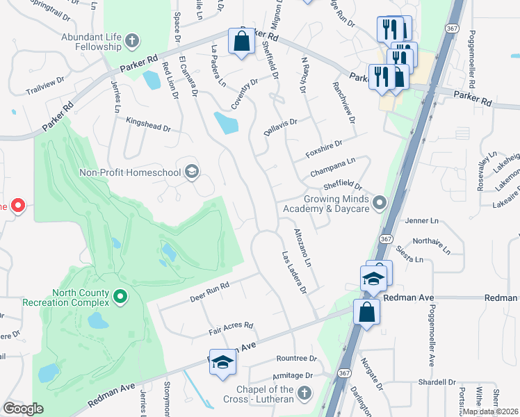 map of restaurants, bars, coffee shops, grocery stores, and more near 11775 El Camara Drive in Florissant