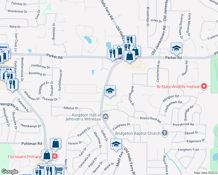 map of restaurants, bars, coffee shops, grocery stores, and more near 12150 Old Halls Ferry Road in Florissant
