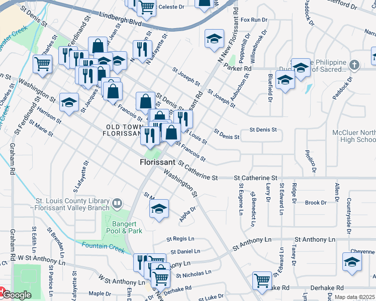 map of restaurants, bars, coffee shops, grocery stores, and more near in Florissant