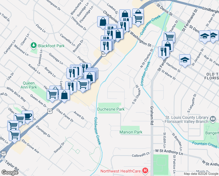 map of restaurants, bars, coffee shops, grocery stores, and more near 429 Slusser Lane in Florissant