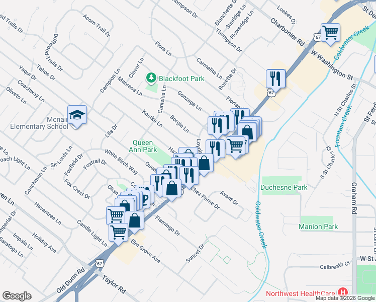 map of restaurants, bars, coffee shops, grocery stores, and more near 710 Kostka Lane in Florissant