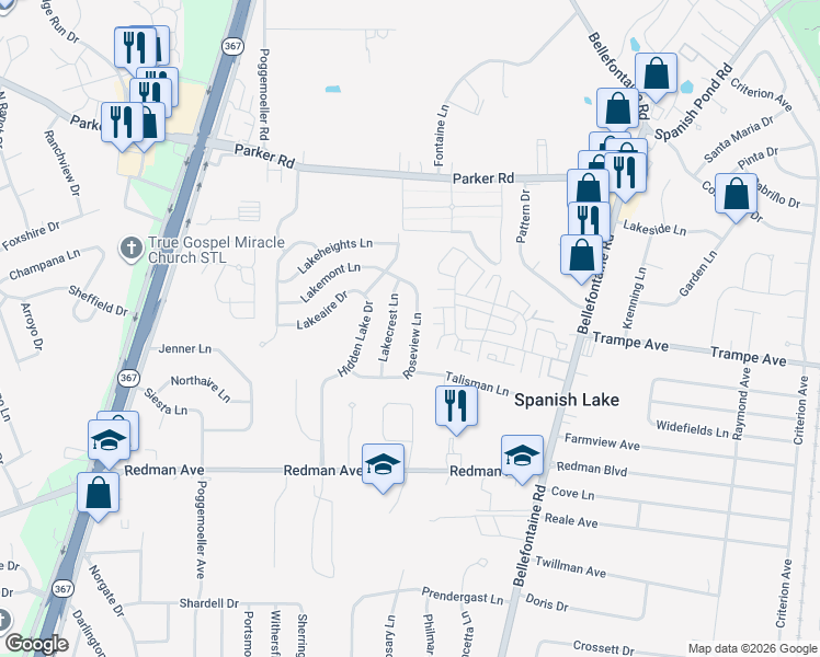 map of restaurants, bars, coffee shops, grocery stores, and more near 11943 Roseview Lane in St. Louis