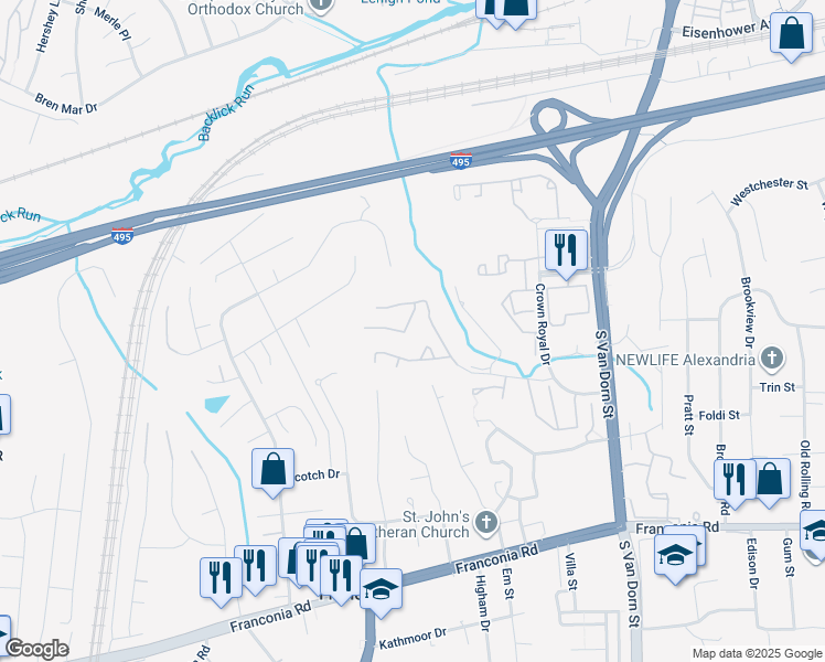 map of restaurants, bars, coffee shops, grocery stores, and more near 6125 Castletown Way in Alexandria