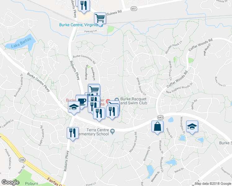 map of restaurants, bars, coffee shops, grocery stores, and more near 10205 Scarborough Commons Lane in Burke