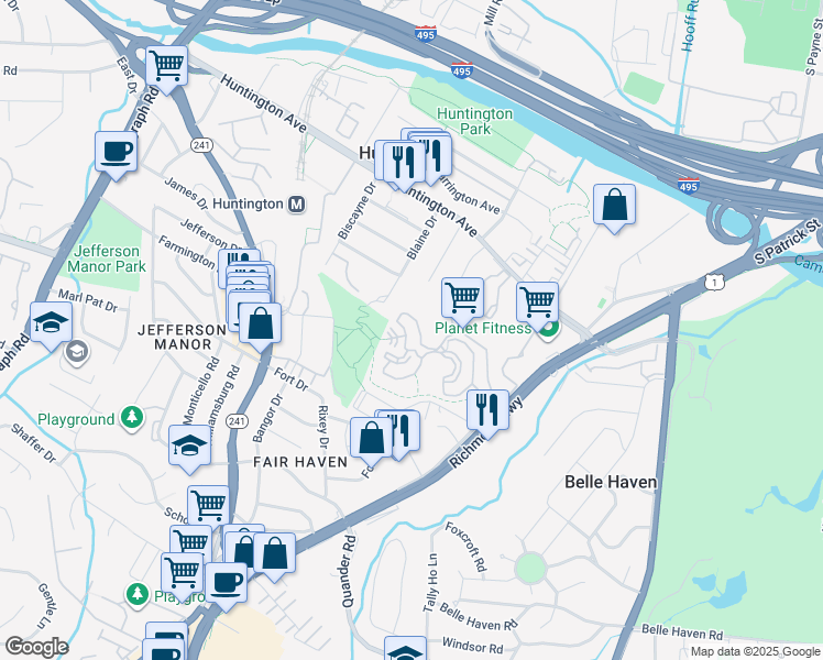 map of restaurants, bars, coffee shops, grocery stores, and more near 5901 Mount Eagle Drive in Alexandria