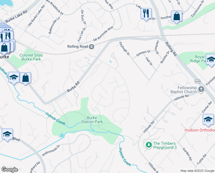 map of restaurants, bars, coffee shops, grocery stores, and more near 9009 Strattondale Court in Burke