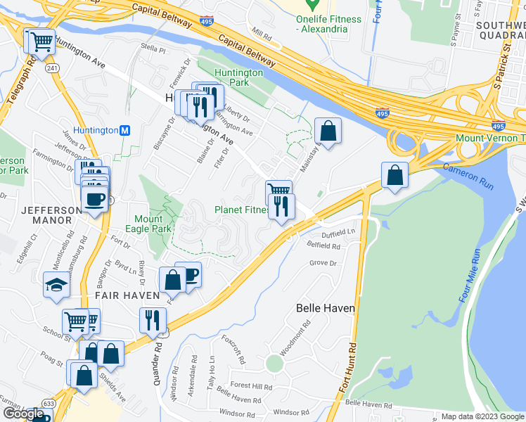 map of restaurants, bars, coffee shops, grocery stores, and more near 2059 Huntington Avenue in Alexandria