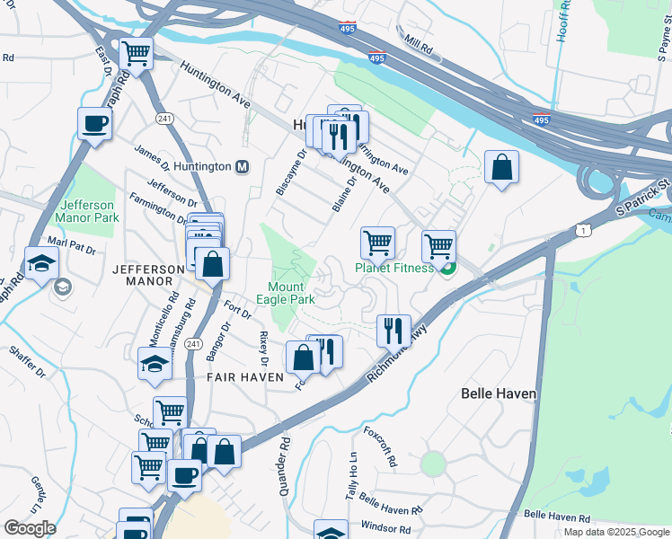 map of restaurants, bars, coffee shops, grocery stores, and more near 5901 Mount Eagle Drive in Alexandria