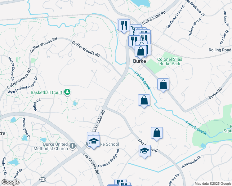 map of restaurants, bars, coffee shops, grocery stores, and more near 9559 Katelyn Zinn Place in Burke