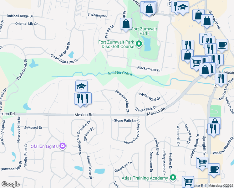 map of restaurants, bars, coffee shops, grocery stores, and more near 1257 Pinehurst Club Court in O'Fallon