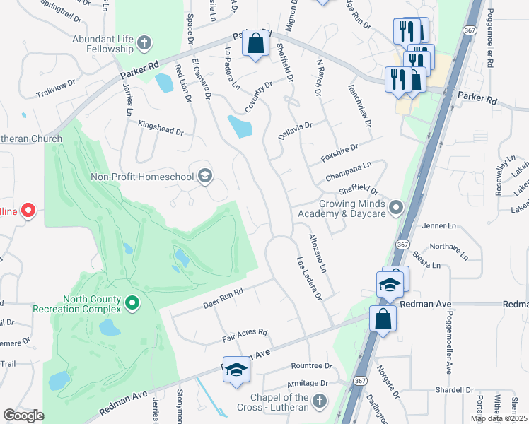 map of restaurants, bars, coffee shops, grocery stores, and more near 11775 El Camara Drive in Florissant