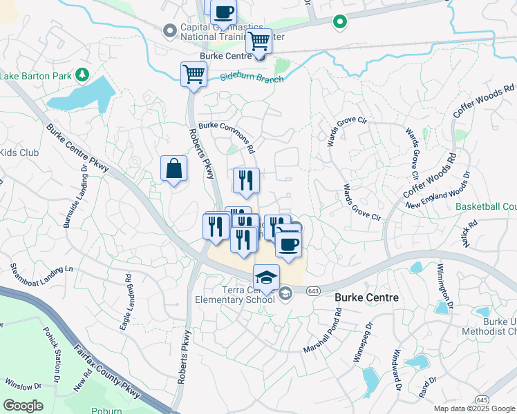 map of restaurants, bars, coffee shops, grocery stores, and more near Burke Commons Road in Burke