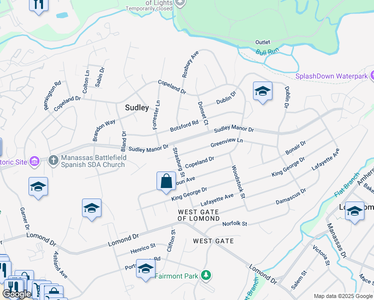 map of restaurants, bars, coffee shops, grocery stores, and more near 9818 Greenview Lane in Manassas