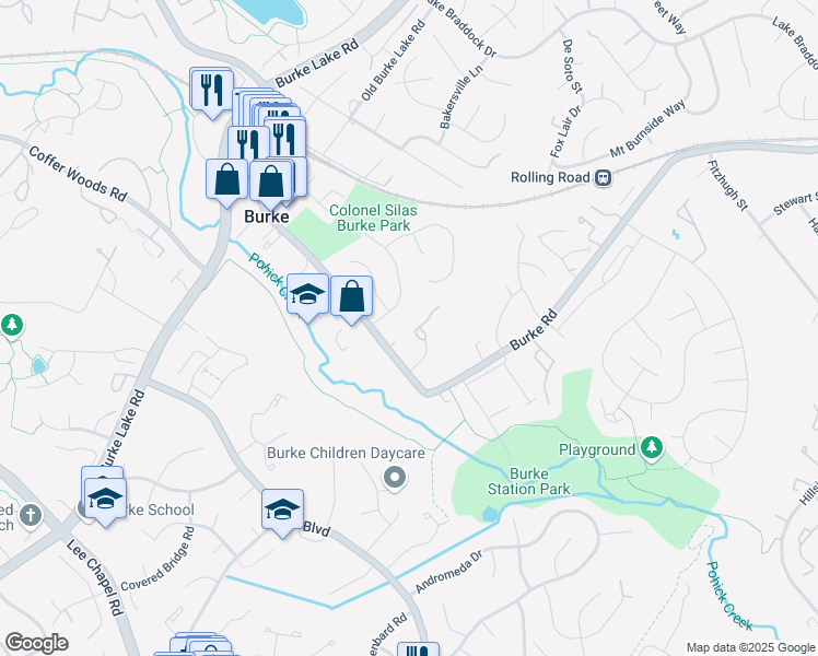 map of restaurants, bars, coffee shops, grocery stores, and more near 5936 Heritage Square Drive in Burke