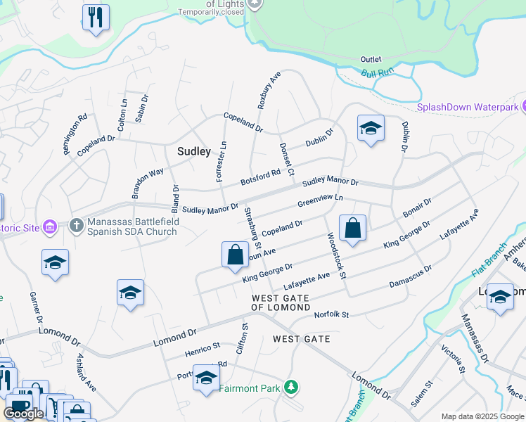 map of restaurants, bars, coffee shops, grocery stores, and more near 9818 Greenview Lane in Manassas