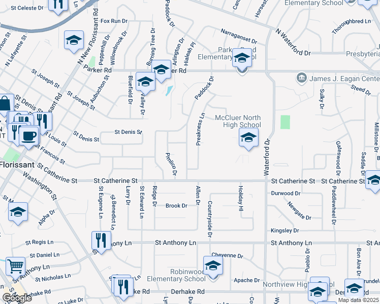 map of restaurants, bars, coffee shops, grocery stores, and more near 720 Paddock Drive in Florissant