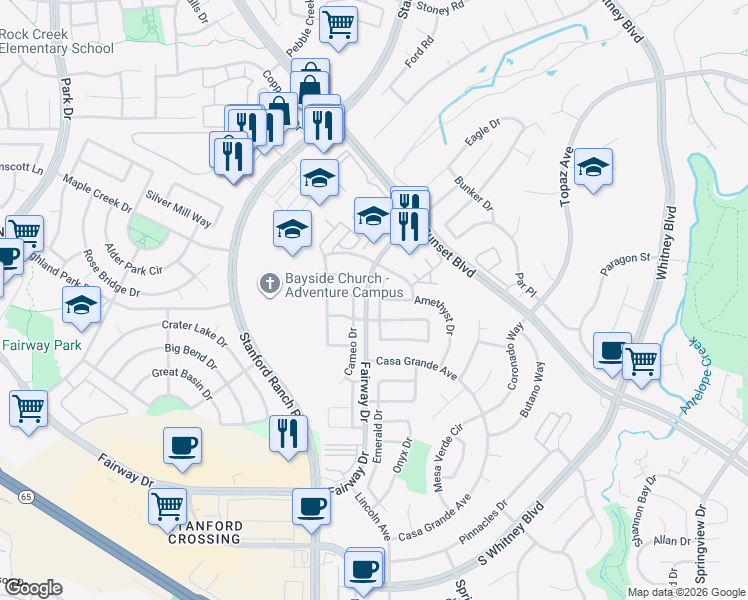 map of restaurants, bars, coffee shops, grocery stores, and more near 3607 Amethyst Drive in Rocklin