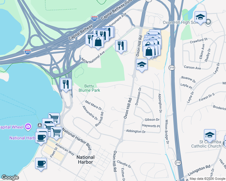 map of restaurants, bars, coffee shops, grocery stores, and more near 21 Balmoral Drive East in Oxon Hill
