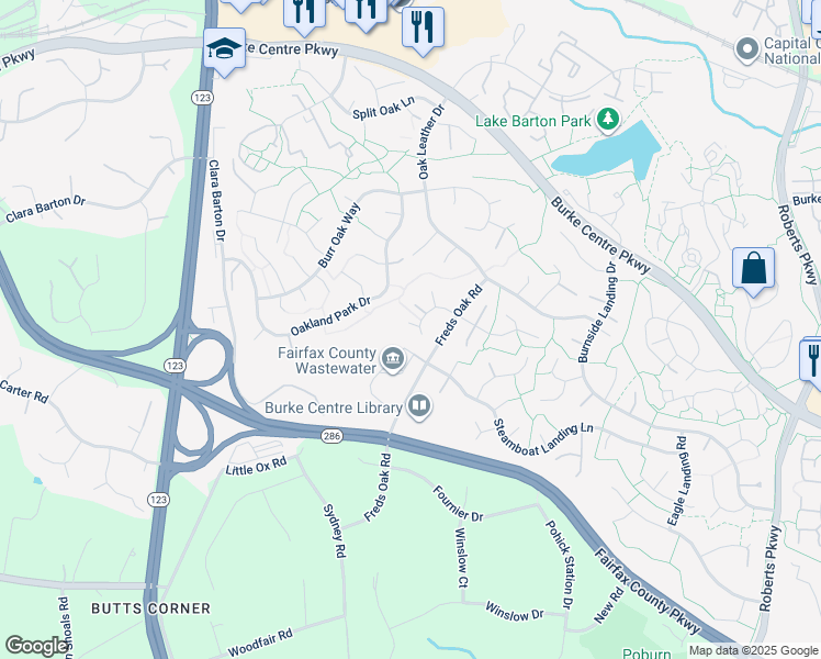 map of restaurants, bars, coffee shops, grocery stores, and more near 10729 Freds Oak Court in Burke