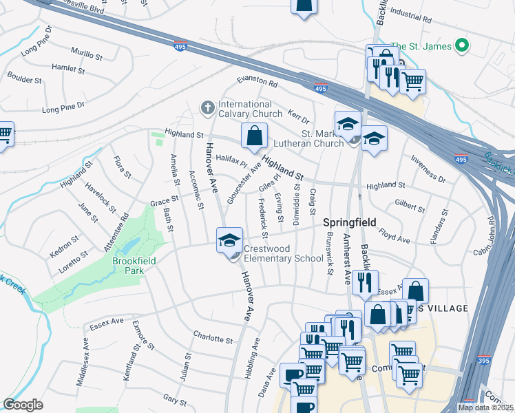 map of restaurants, bars, coffee shops, grocery stores, and more near 5904 Frederick Street in Springfield