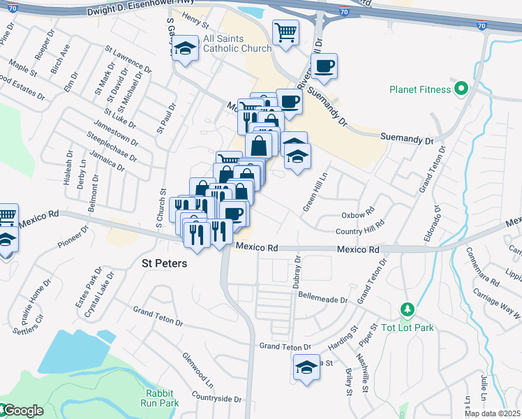 map of restaurants, bars, coffee shops, grocery stores, and more near 11 Sunnyfield Road in St. Peters