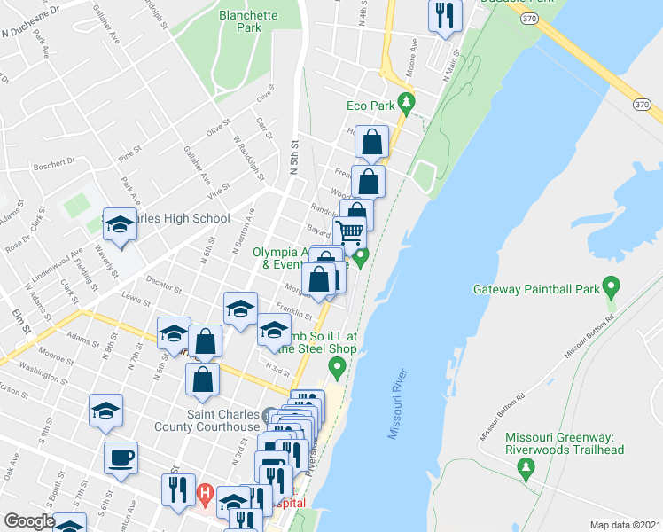 map of restaurants, bars, coffee shops, grocery stores, and more near 1005 North 2nd Street in Saint Charles