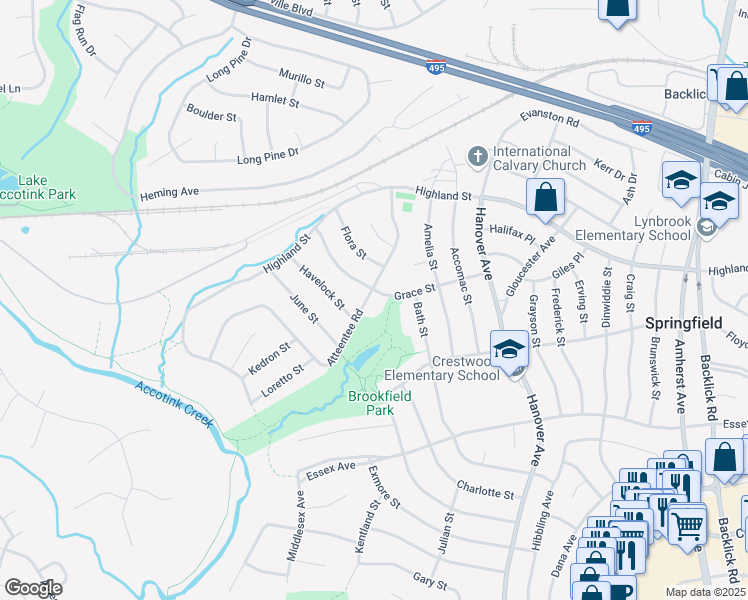 map of restaurants, bars, coffee shops, grocery stores, and more near 5901 Atteentee Road in Springfield